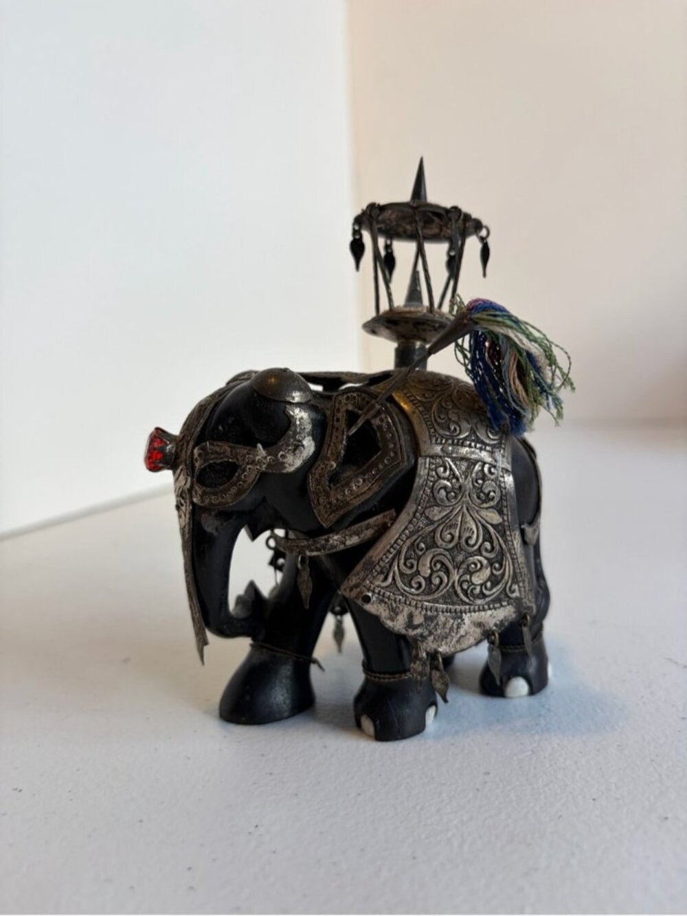 Antique Indian Elephant ebony Adorned Metal Bells Jeweled Red Stone No tusks